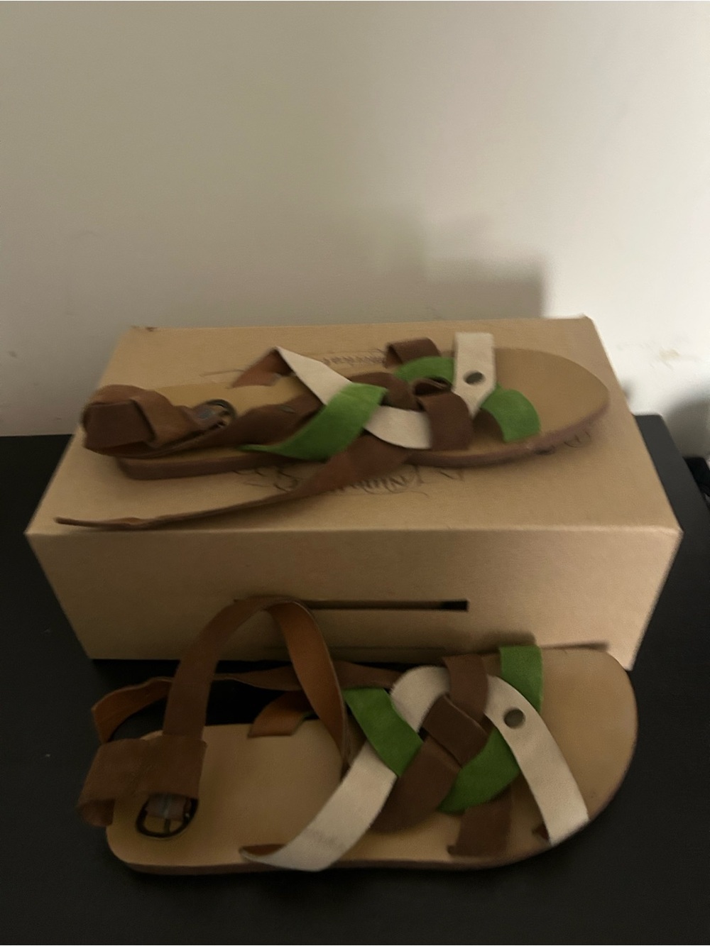 Lucky Brand Brown, Green & Cream Braided Strap Sandals